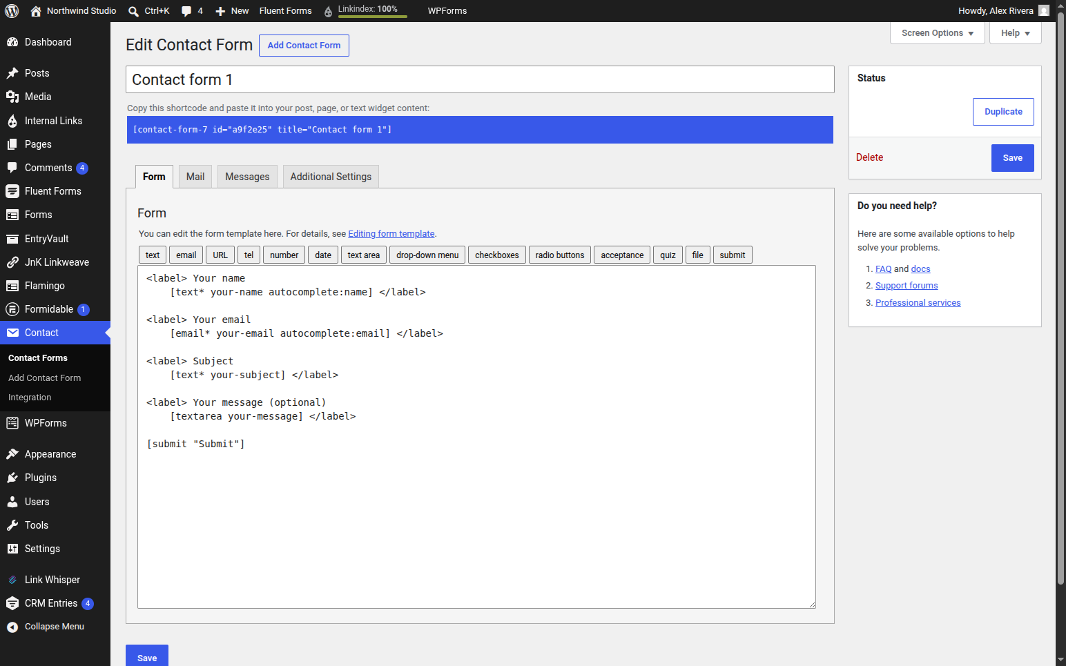 Contact Form 7 6.1.6 form editor showing the bracket-tag markup used to build forms