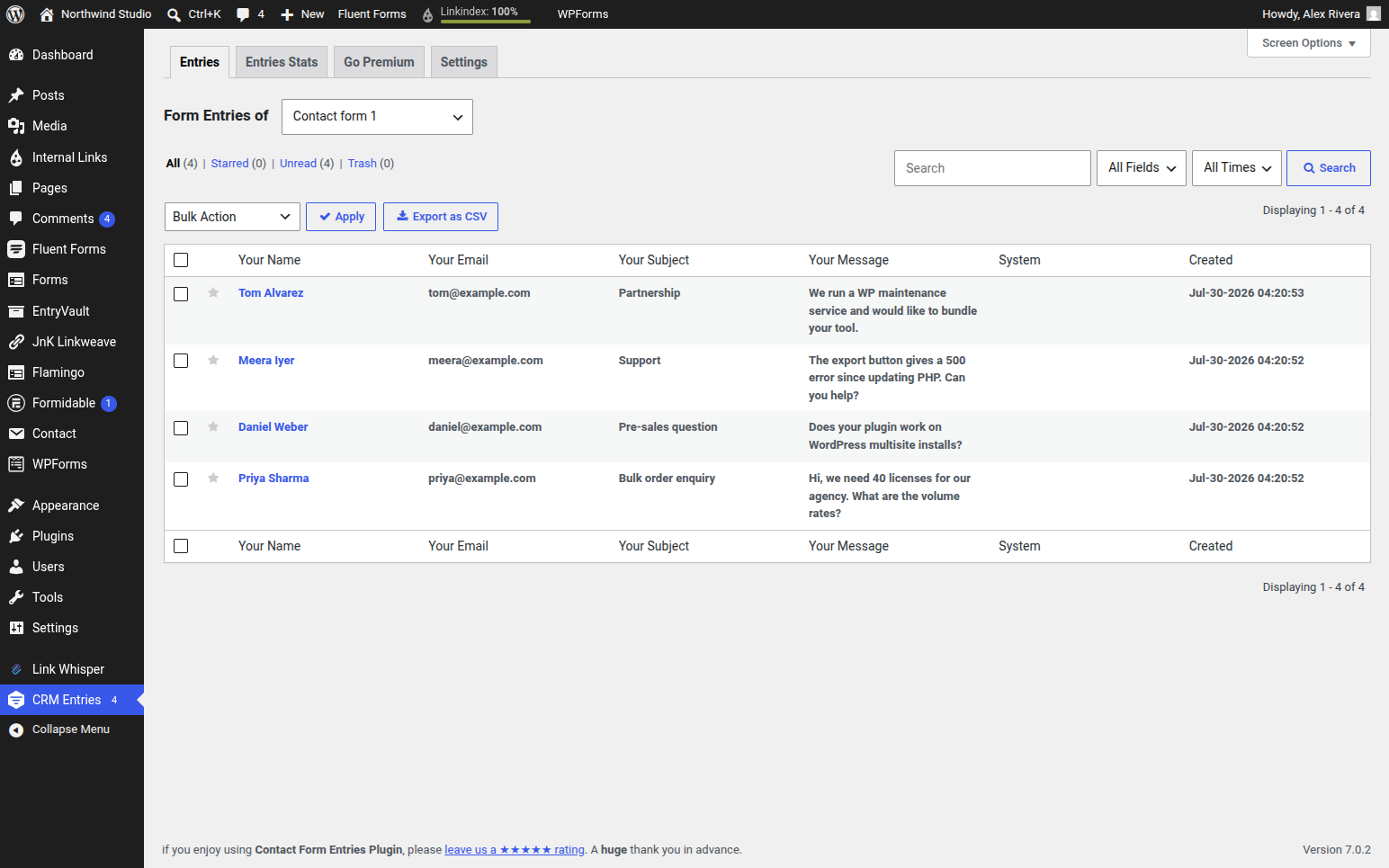 Contact Form Entries 1.5.5 by CRM Perks showing captured CF7 submissions in a table with CSV export