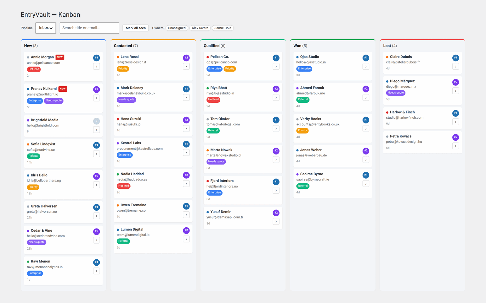 EntryVault 1.2.0 Kanban board showing form submissions as cards across pipeline stages with tags and owners