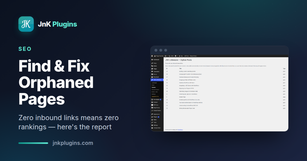 The JnK Linkweave Orphans report listing published posts with zero inbound internal links