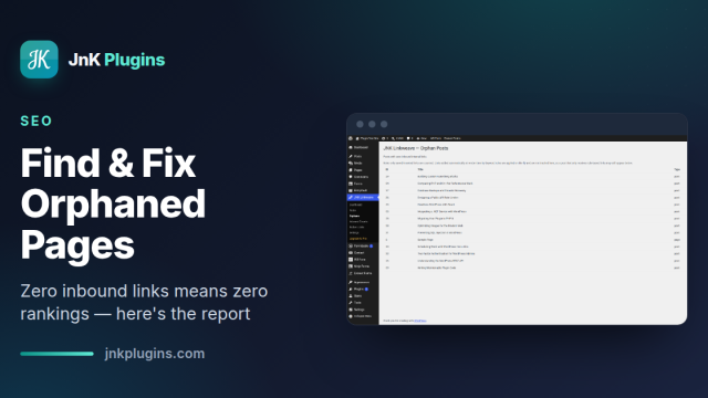 The JnK Linkweave Orphans report listing published posts with zero inbound internal links