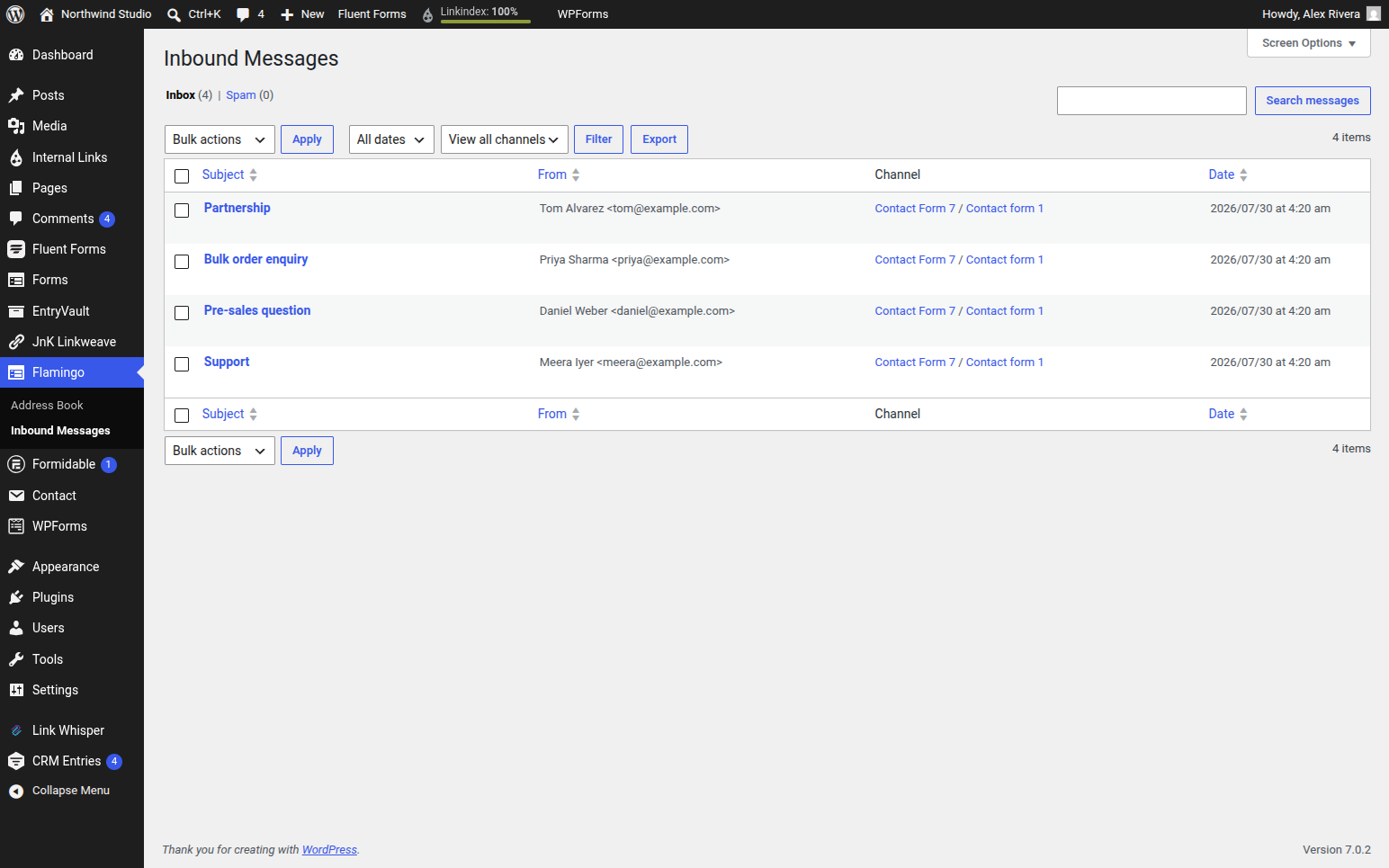 Flamingo 2.6.3 Inbound Messages inbox listing captured Contact Form 7 submissions