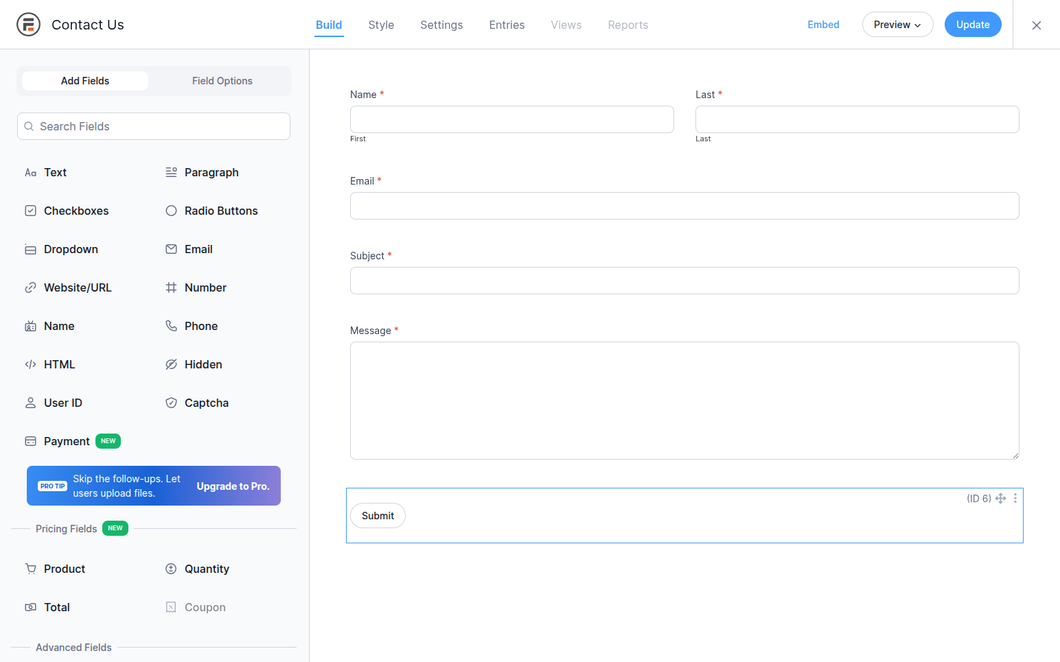 Formidable Forms 6.32.1 build view with field list and the default Contact Us form