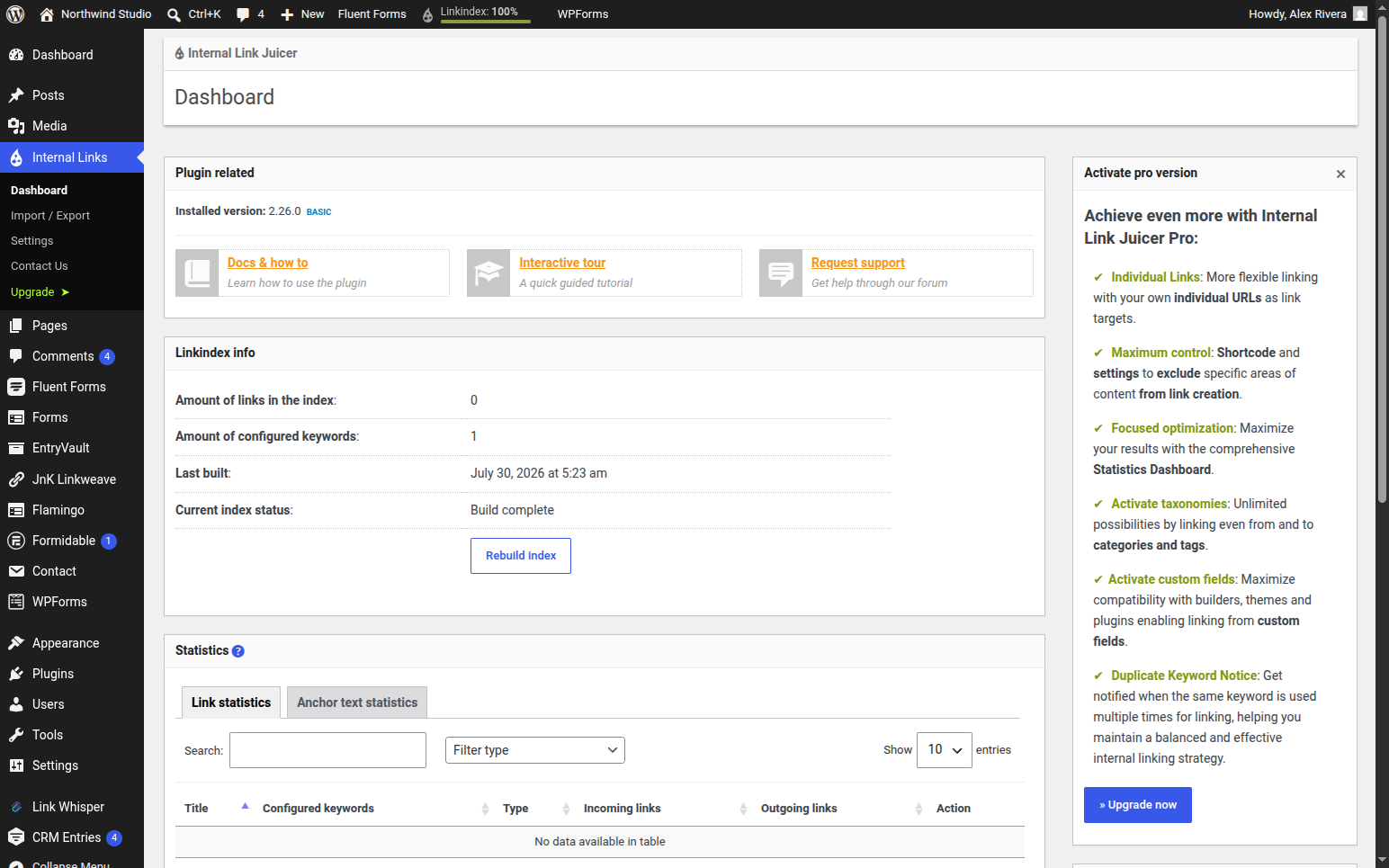 Internal Link Juicer 2.26.0 dashboard showing the link index status and statistics