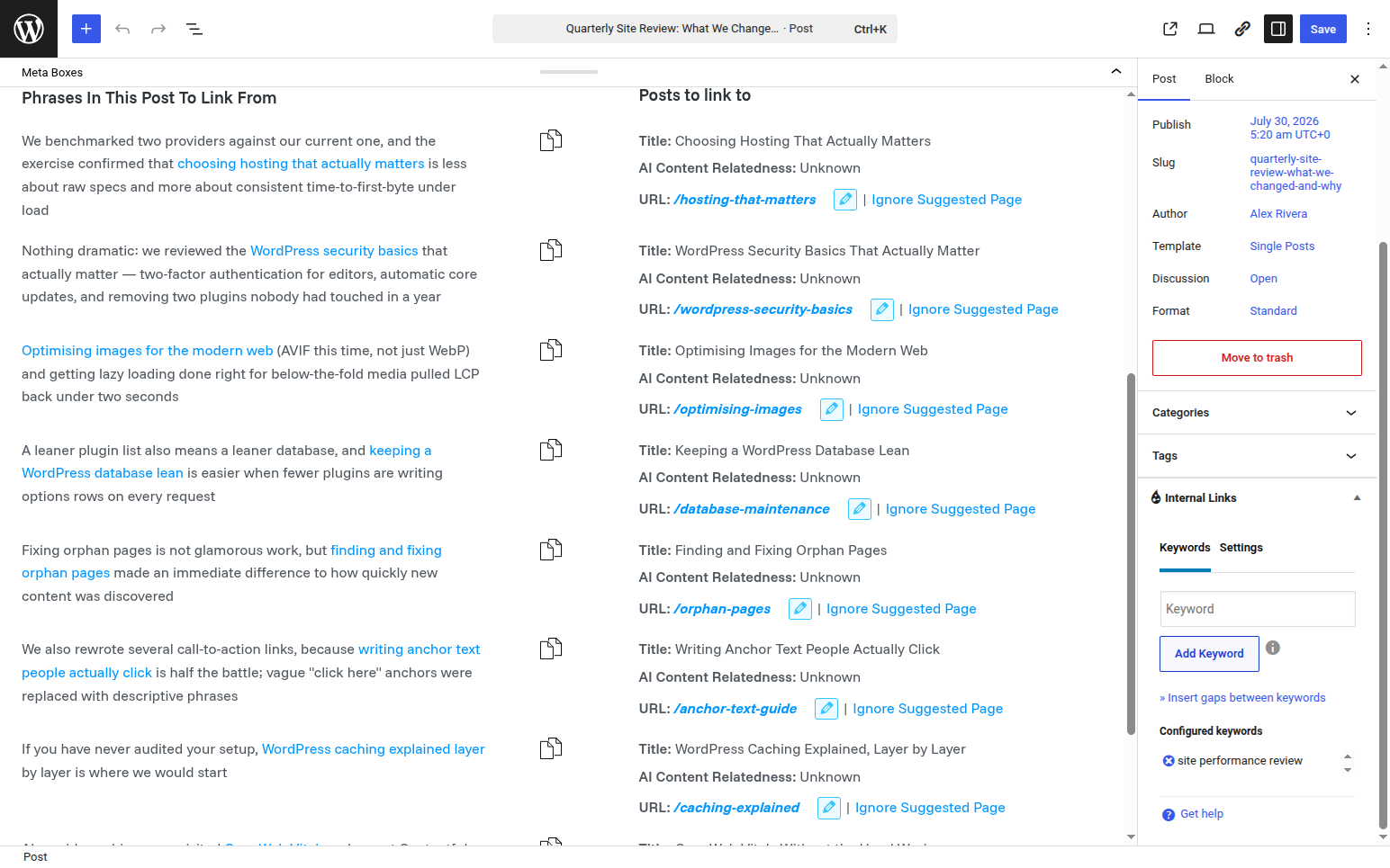 Internal Link Juicer 2.26.0 keyword configuration in the WordPress editor sidebar