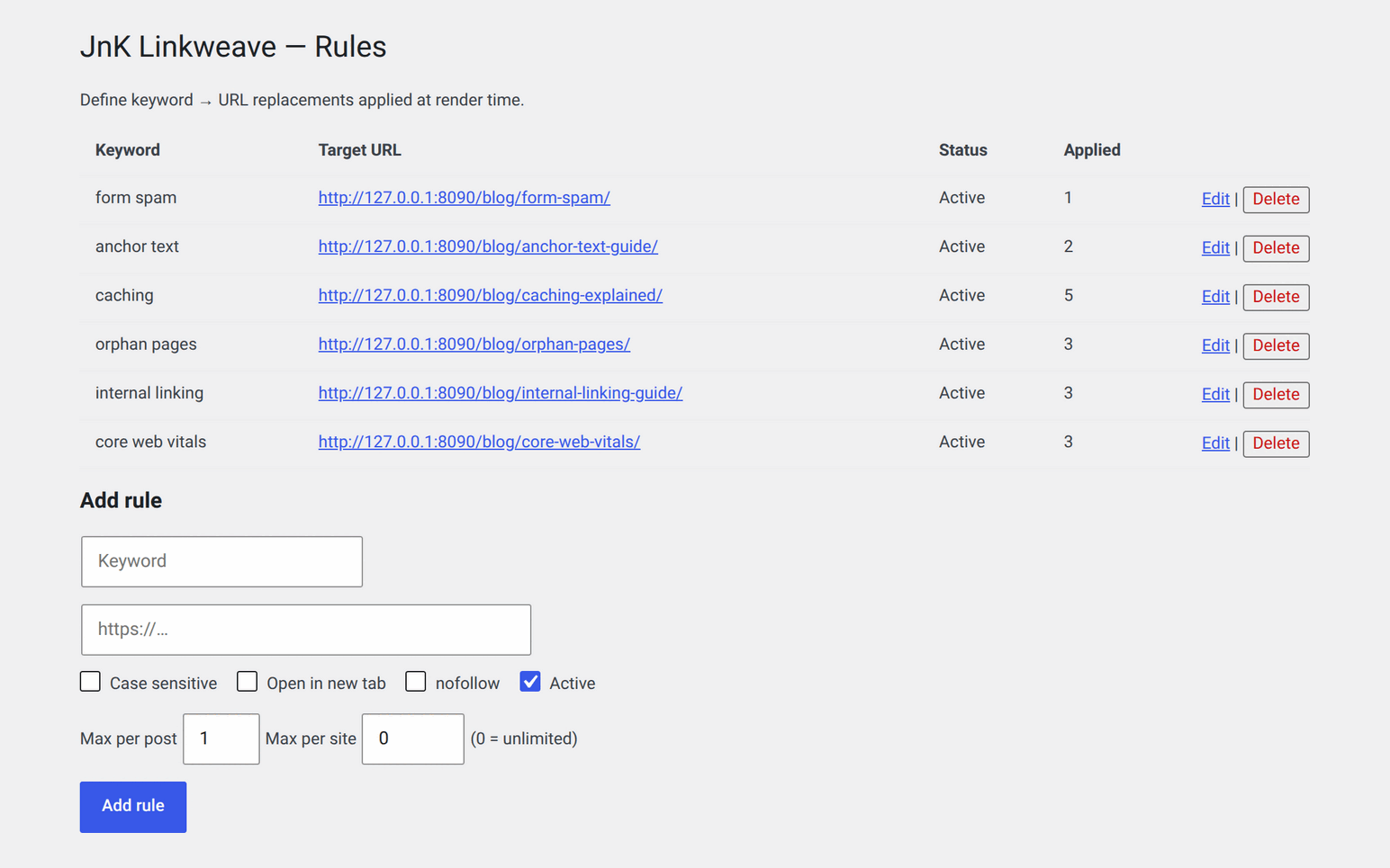 JnK Linkweave 1.3.0 auto-link rules screen mapping keywords to URLs with per-post and per-site caps