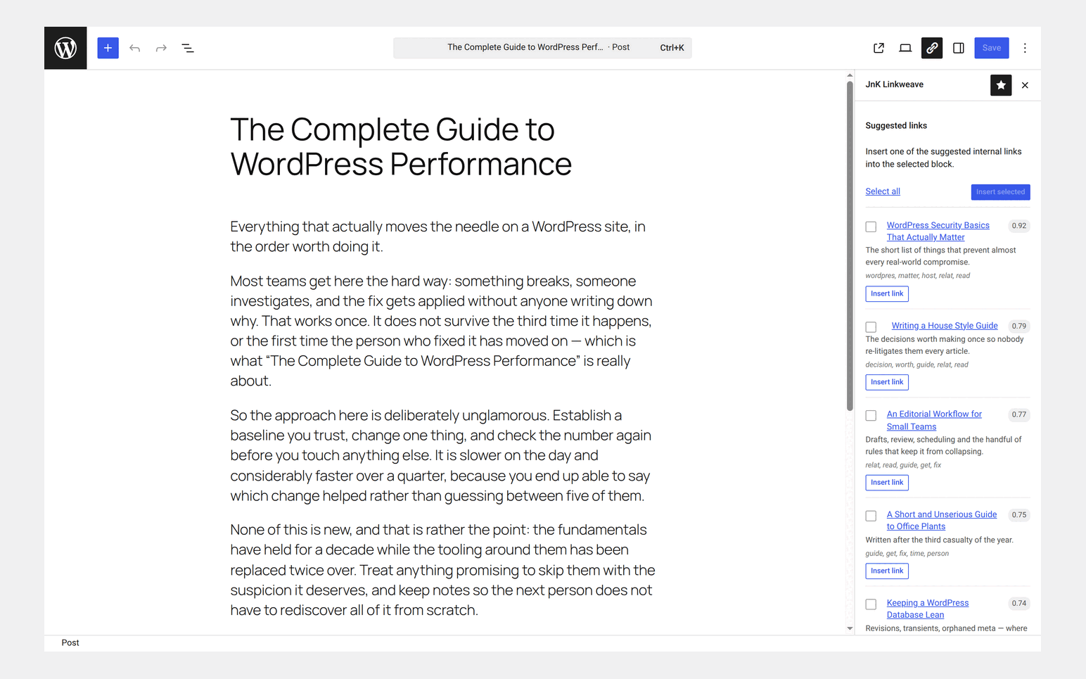 JnK Linkweave 1.3.0 editor sidebar with ranked link suggestions and the matched terms that produced them