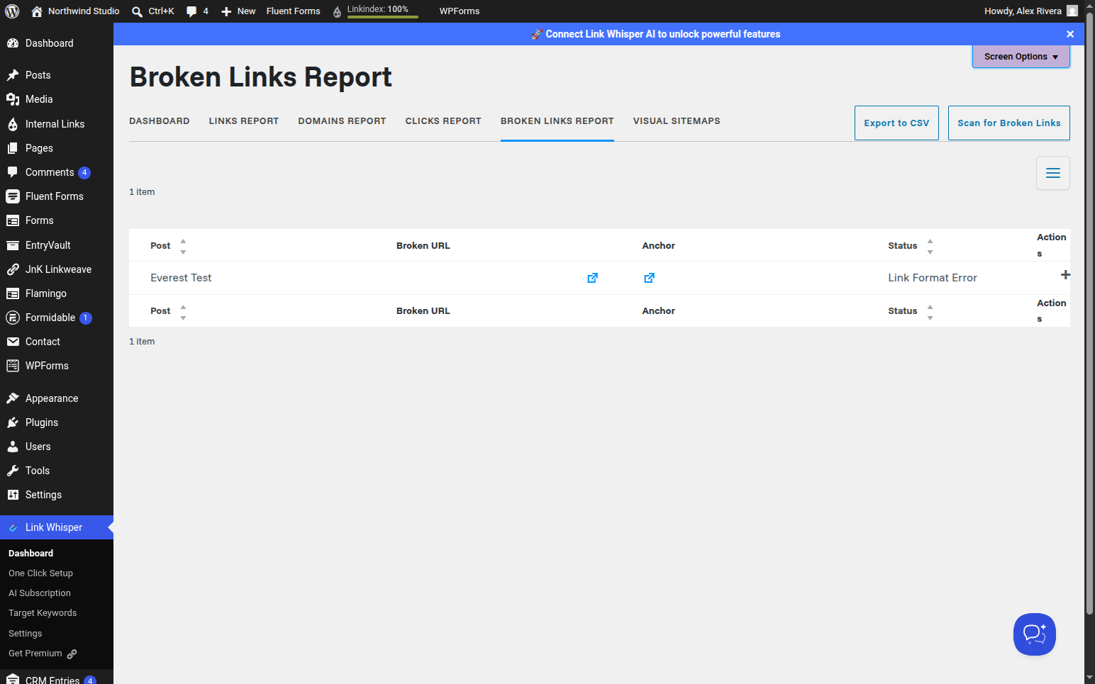 Link Whisper Broken Links Report listing a broken link with its post, anchor and status