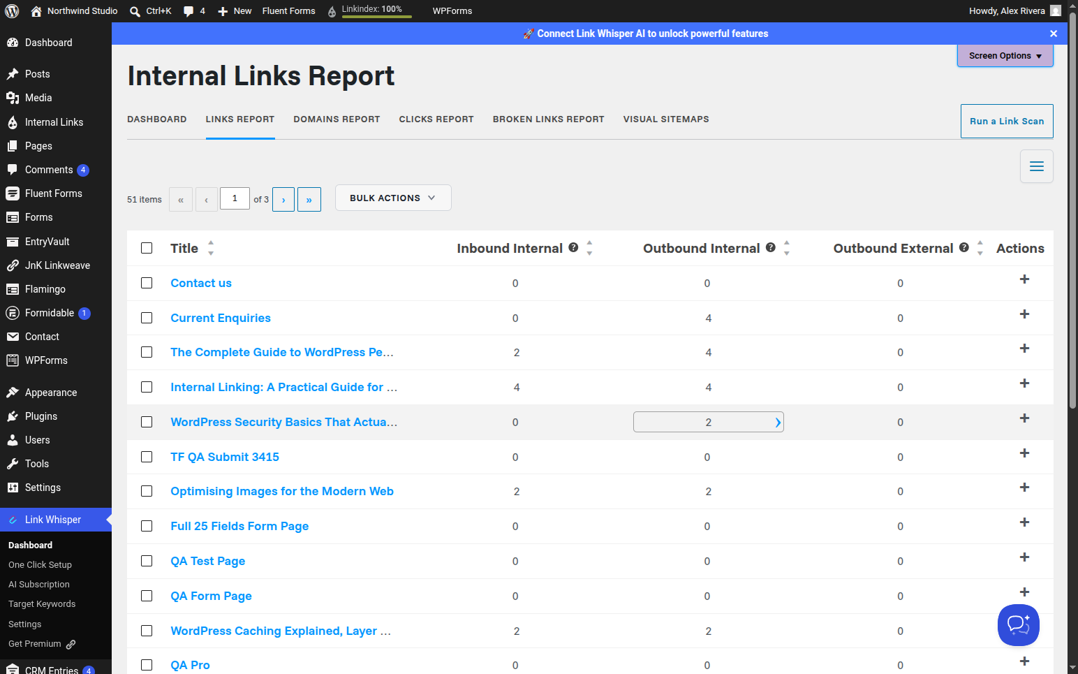 Link Whisper Links Report showing inbound and outbound internal link counts per post