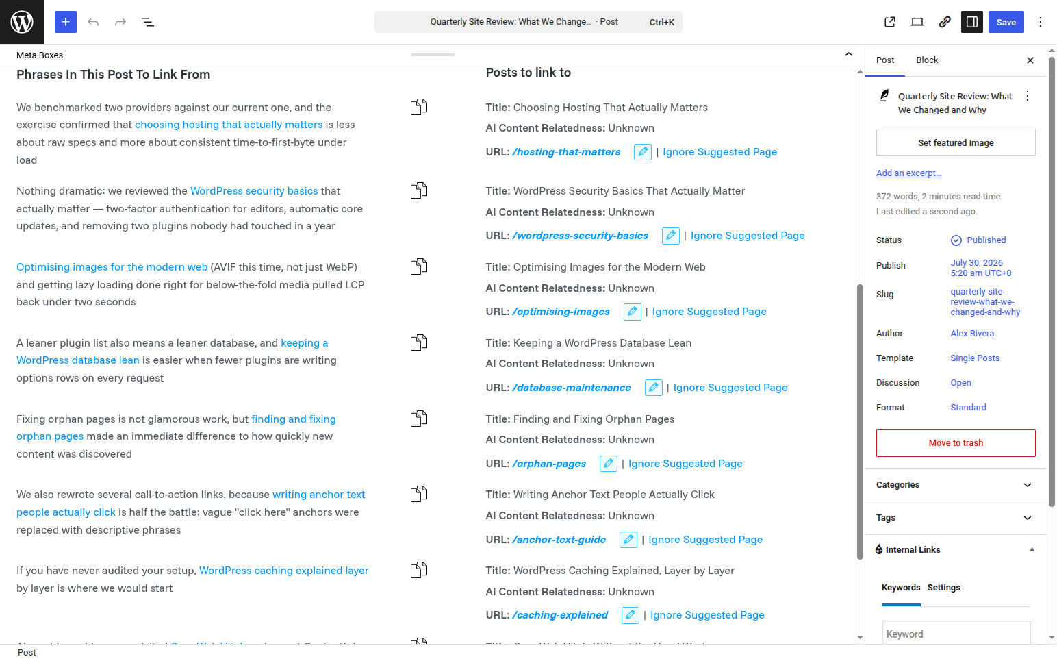 Link Whisper Free 0.9.6 in-editor suggestion panel pairing draft sentences with posts to link to