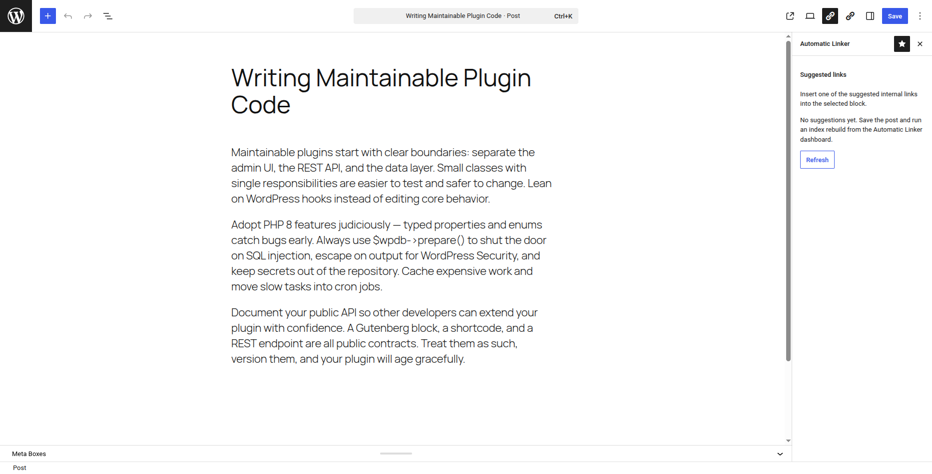 JnK Linkweave suggestions panel in the WordPress block editor