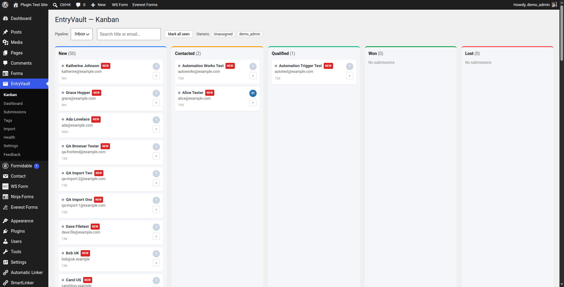 EntryVault Kanban board showing form submissions across pipeline stages