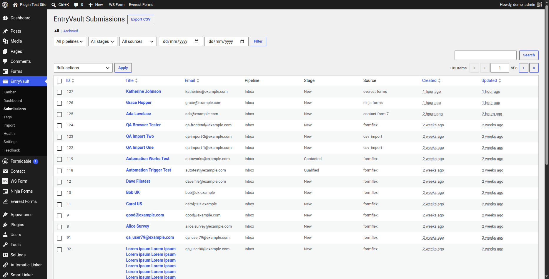 EntryVault Submissions screen with entries from Contact Form 7, Ninja Forms and Everest Forms and a CSV export button