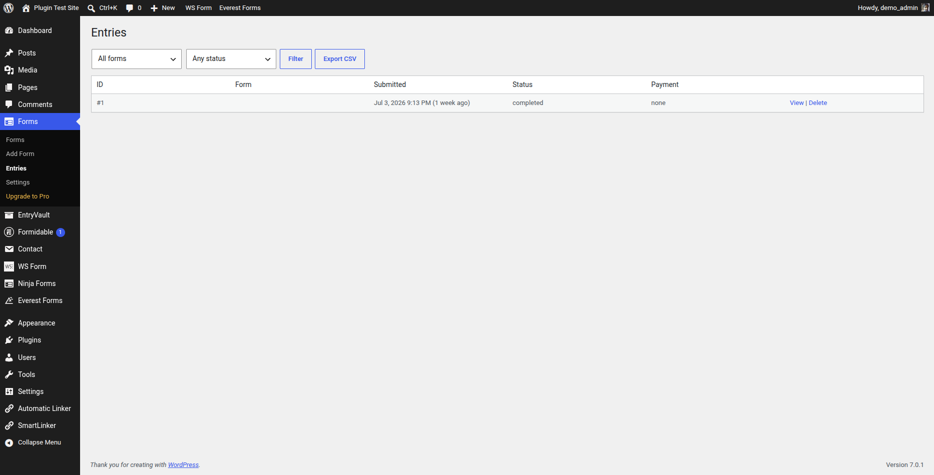 Trinity Forms entries screen with CSV export