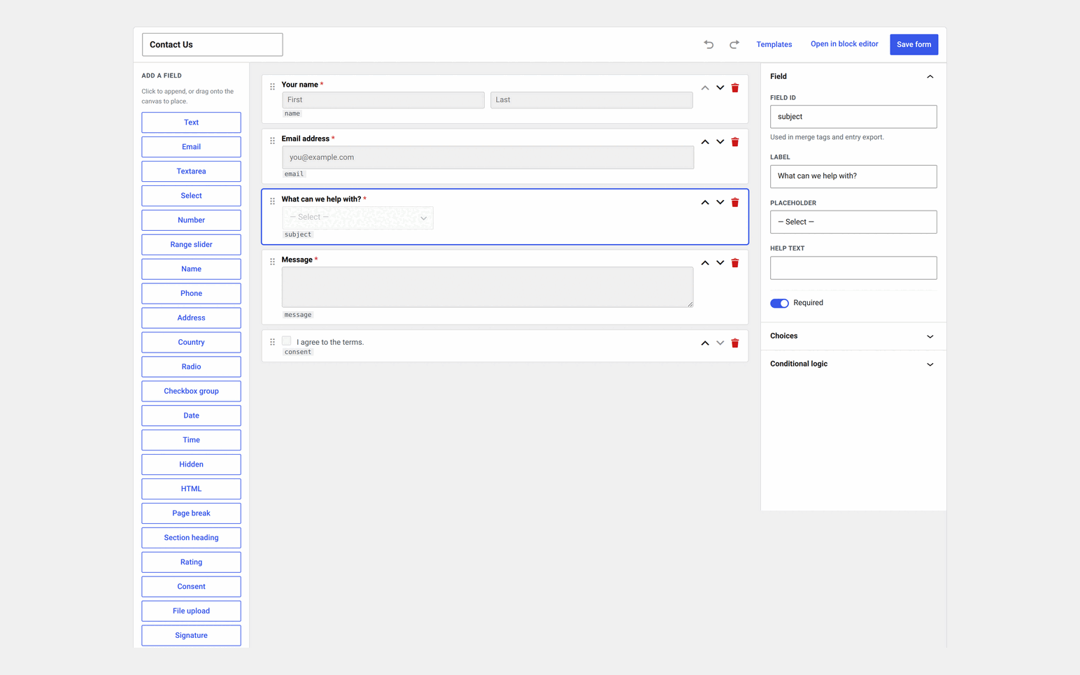 Trinity Forms Visual Builder with drag-and-drop canvas, field palette and conditional logic settings