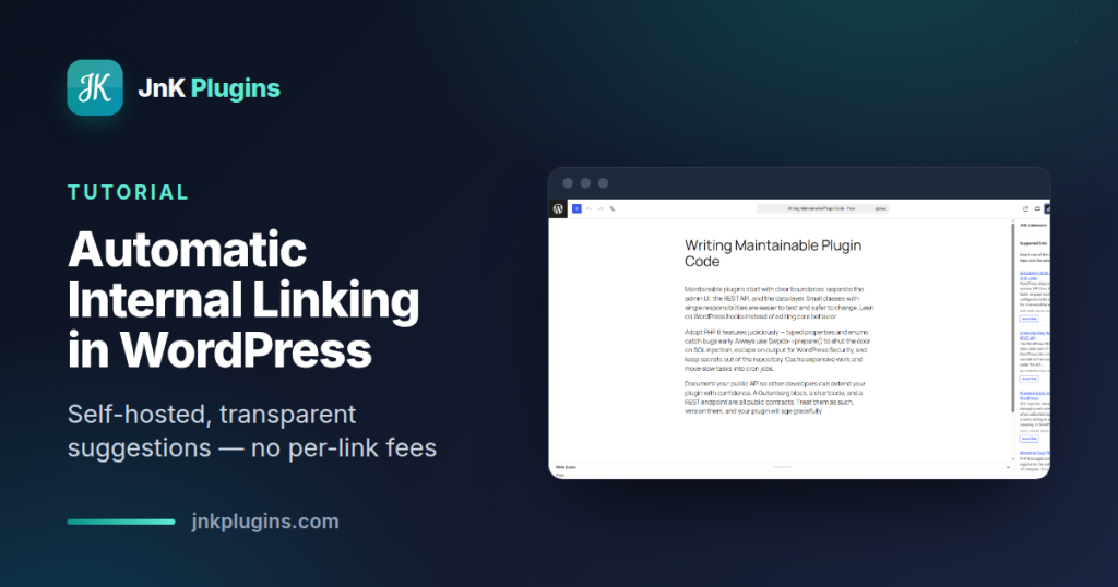 The JnK Linkweave editor sidebar showing ranked internal link suggestions