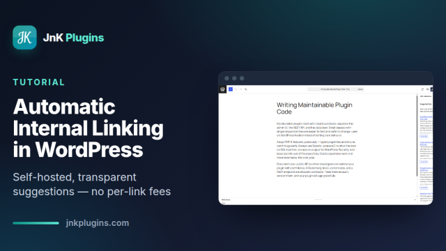 The JnK Linkweave editor sidebar showing ranked internal link suggestions