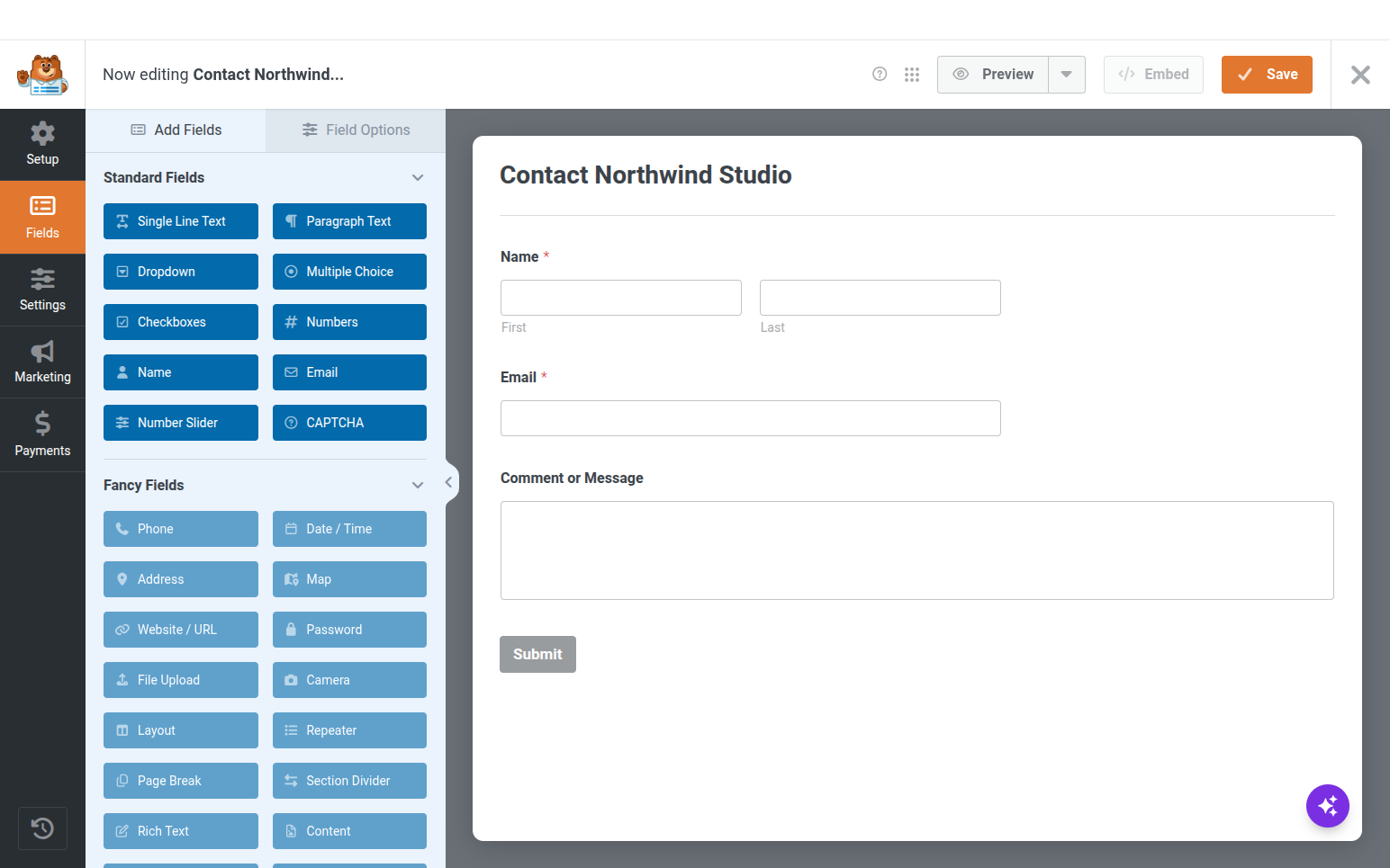 WPForms Lite 2.0.0.2 drag-and-drop builder with the Simple Contact Form template