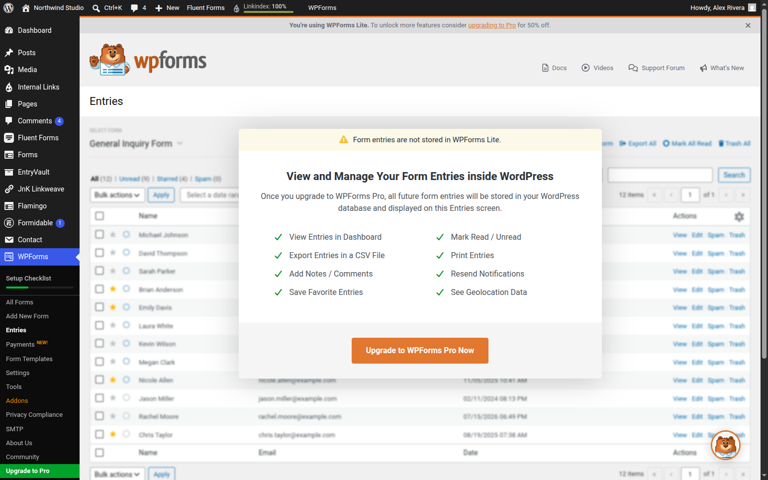 WPForms Lite entries screen showing the upgrade wall: form entries are not stored in WPForms Lite