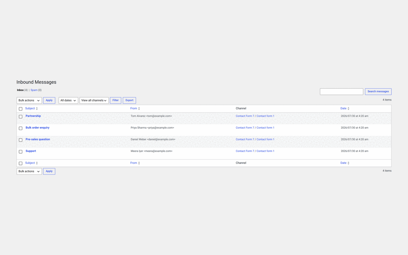 Flamingo 2.6.4 Inbound Messages screen listing four Contact Form 7 submissions with subject, sender, channel and date