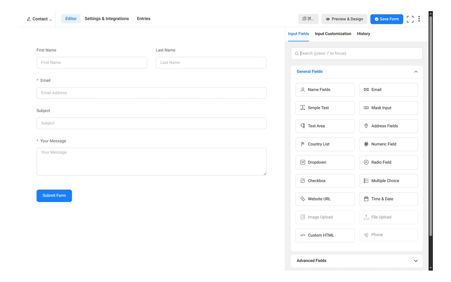 Fluent Forms 6.2.14 editor with the form on the left and the Input Fields panel on the right