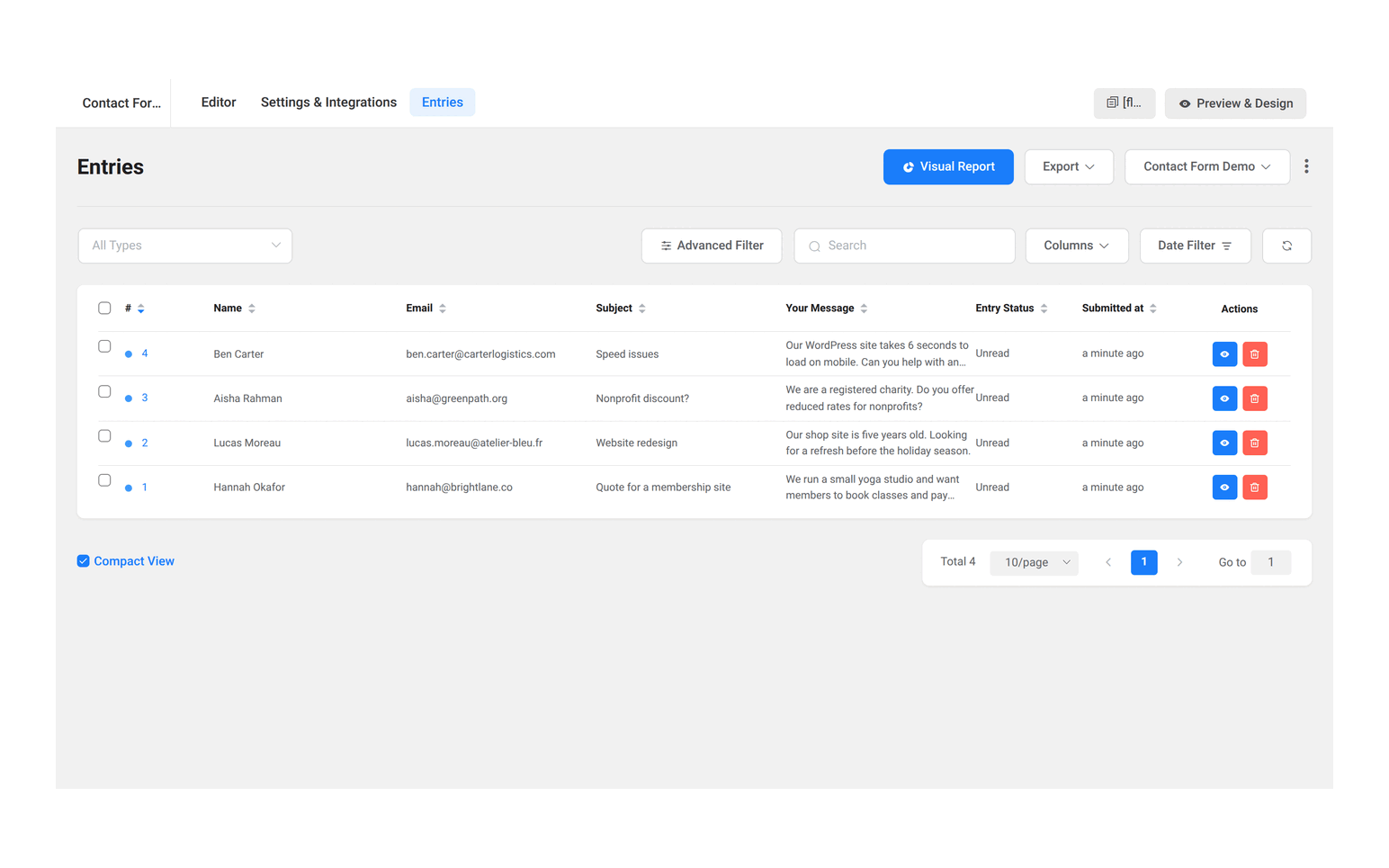 Fluent Forms 6.2.14 Entries screen listing four test submissions with name, email, subject and message