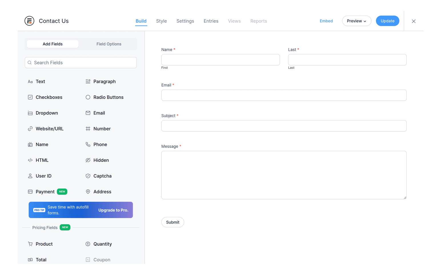 Formidable Forms Lite 6.35 builder with the Add Fields panel and a Contact Us form preview