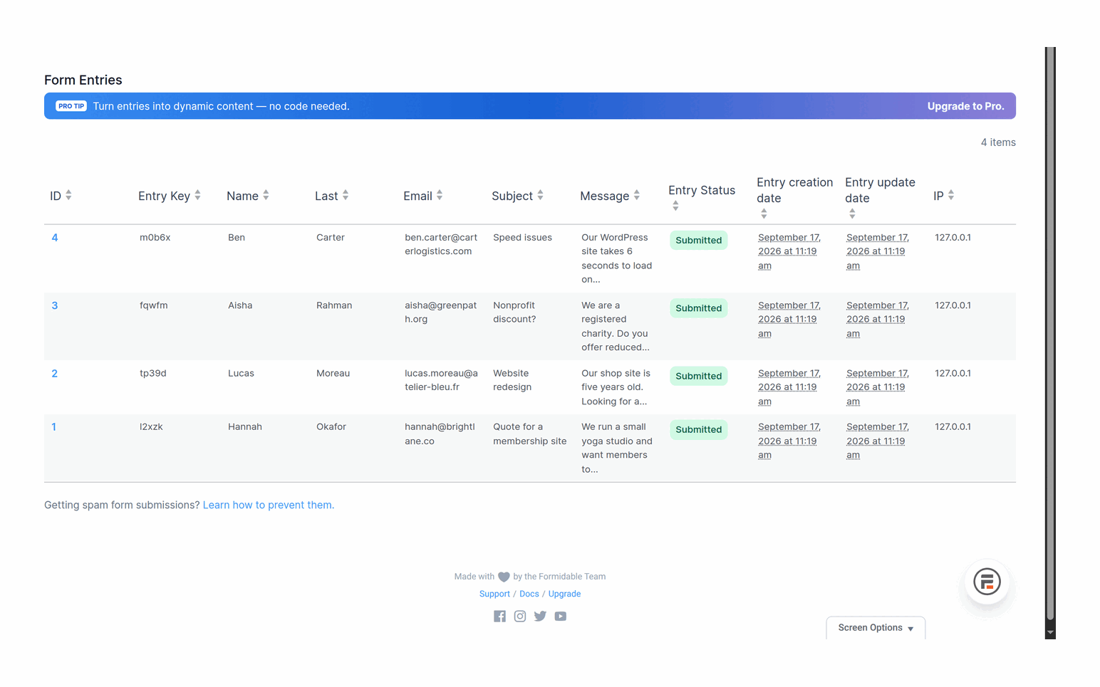 Formidable Forms Lite 6.35 Form Entries screen listing four test submissions