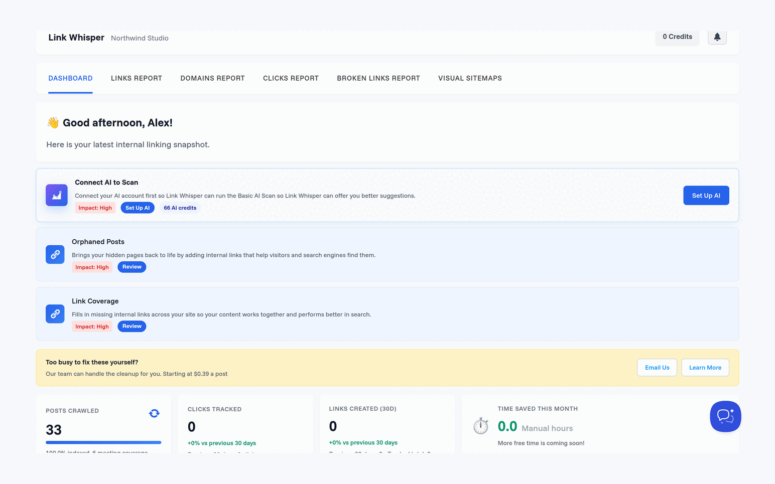 Link Whisper Free 0.9.7 dashboard with Connect AI to Scan, Orphaned Posts and Link Coverage tasks and a posts crawled count