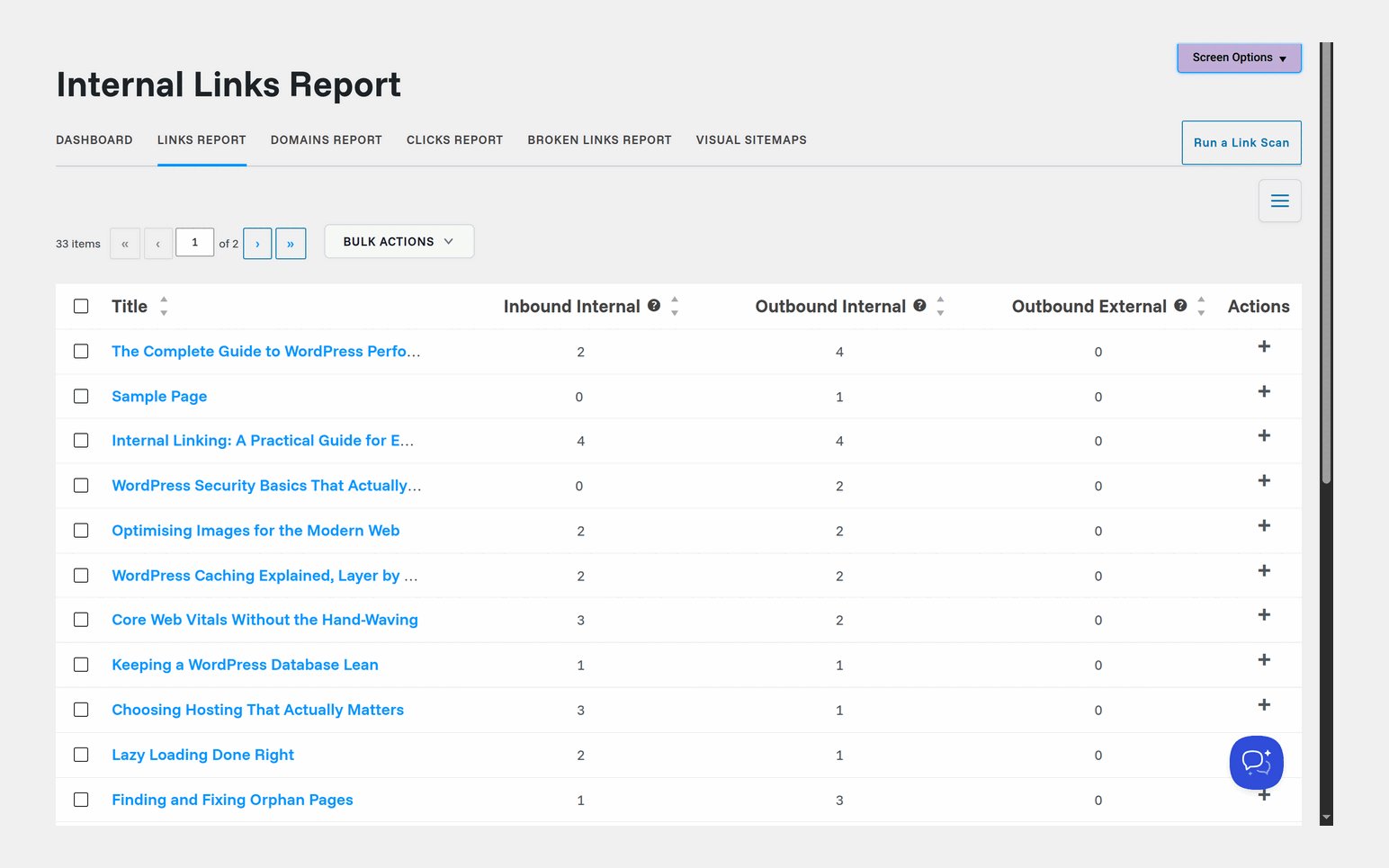 Link Whisper Free 0.9.7 Internal Links Report with inbound internal, outbound internal and outbound external counts per post