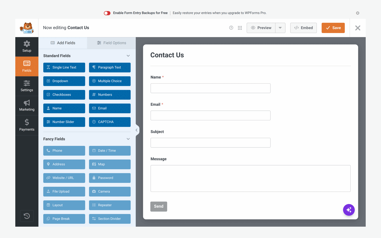 WPForms Lite 2.0.1.1 form builder with Standard Fields and Fancy Fields panels next to a Contact Us form