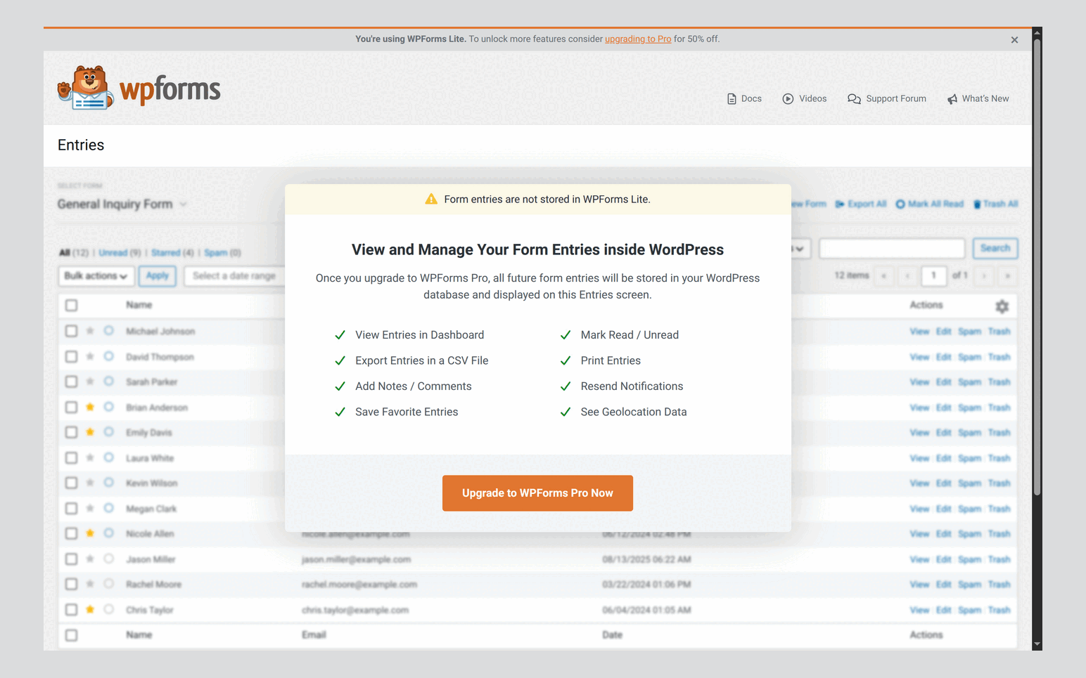 WPForms Lite 2.0.1.1 Entries screen with an upgrade overlay saying form entries are not stored in WPForms Lite