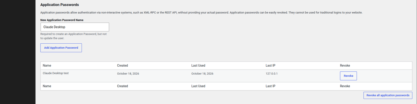 The Application Passwords section on a WordPress user profile, with a password named Claude Desktop test listed and a Revoke button