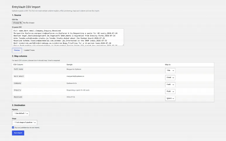 CSV import — map each column and dry-run it before a single row is written.
