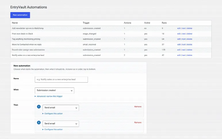 The automation engine: triggers such as a new submission, a stage change or an email reply, wired to actions like tagging, assigning an owner, emailing or calling a webhook.