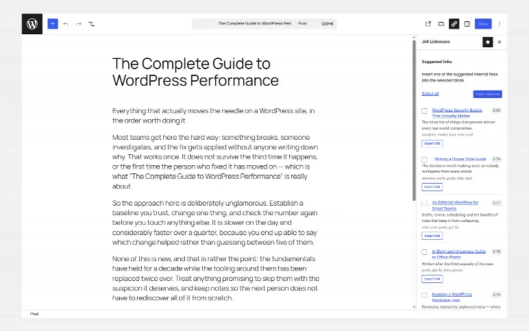 The editor sidebar — internal link suggestions for the post you are writing, ranked on your own server, with the matched terms shown and one-click insertion.