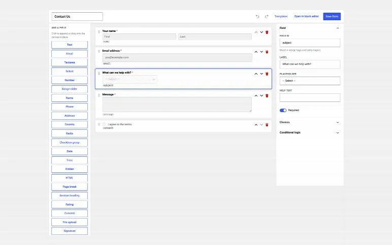 The Visual Builder — drop fields onto the canvas from the palette, reorder them, and configure the selected field on the right, conditional logic included.