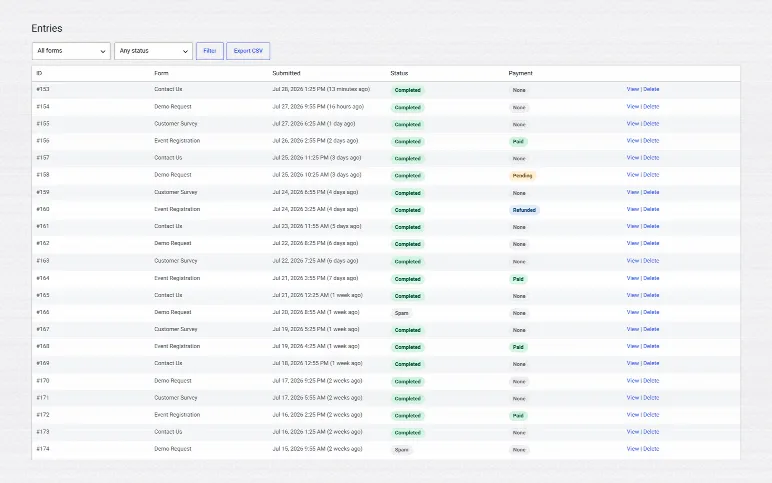 The entries list — every submission stored in your own database, filterable by form and status, with payment state at a glance and one-click CSV export.