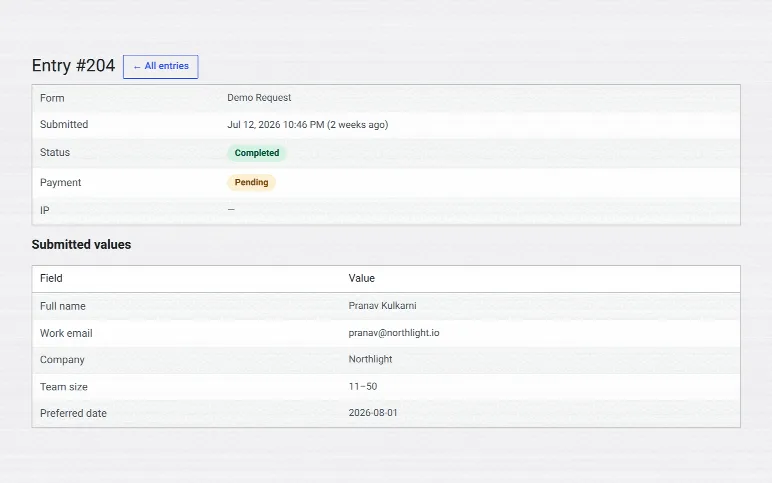 A single entry, showing every submitted field value alongside its status and payment.